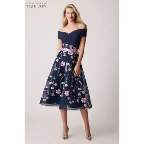 teri jon by rickie freeman crepe off-the-shoulder embroidered tulle dress Tea Length Embroidered Tulle Cocktail Dress main image 1